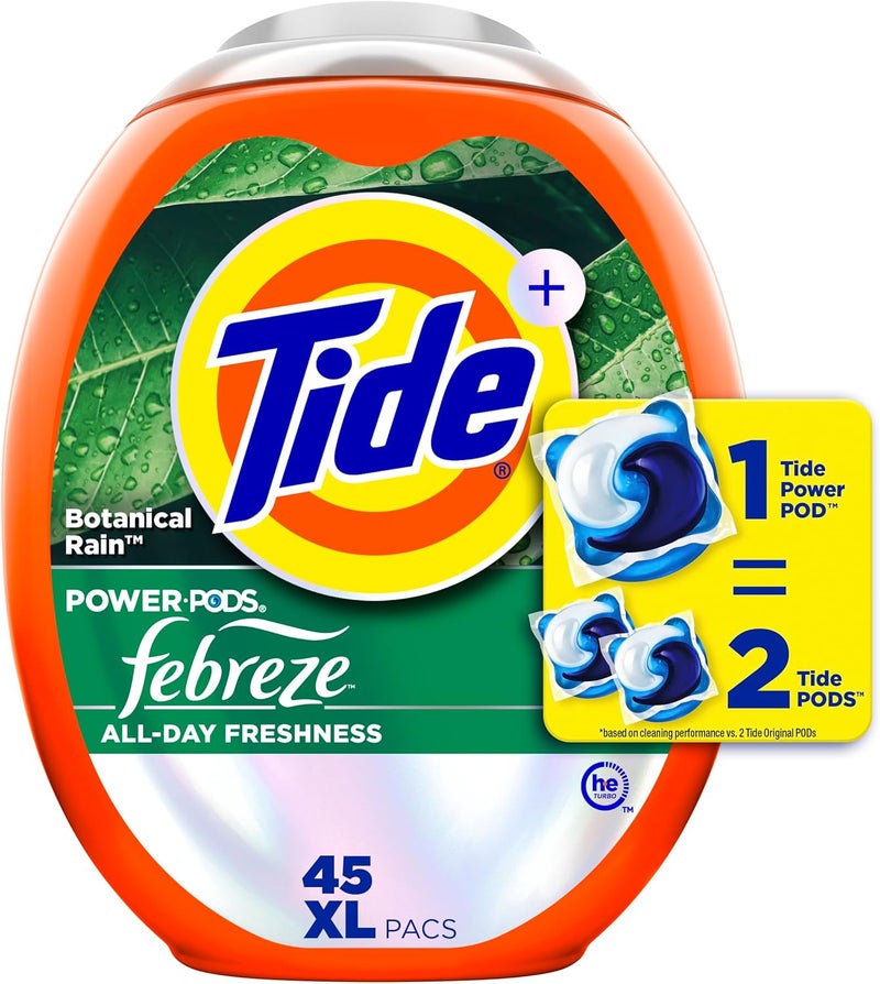 Tide Power Pods with Febreze Laundry Detergent Pacs, 45 Count, Botanical Rain Scent, All-Day Freshness - Image 1